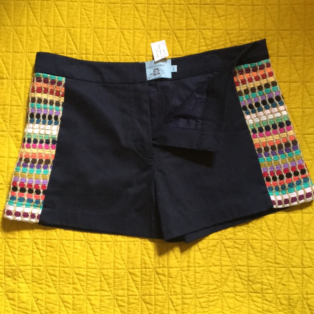 JUDITHMARCH technicolor braided navy formal shorts